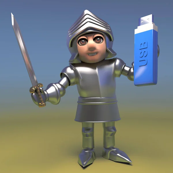 Cavaliere corazzato cartone animato mantiene i suoi dati al sicuro su una chiavetta USB, illustrazione 3d — Foto Stock