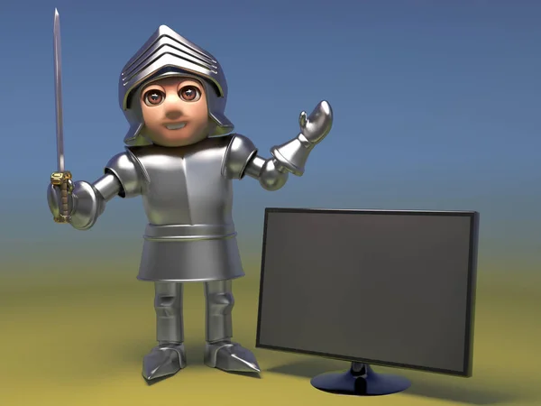 Caballero medieval frívolo compra un nuevo monitor de televisión de pantalla ancha, ilustración 3d — Foto de Stock