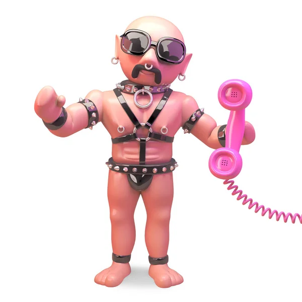 秃头同性恋男子在恋物癖服装回答粉红色手机，3D插图 — 图库照片