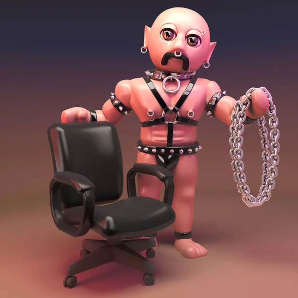 同性恋恋物癖男子在皮革服装与链和椅子，3D插图 — 图库照片