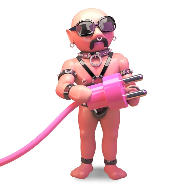 秃头同性恋恋物癖男子在皮革拿着一个粉红色的插头，3D插图 — 图库照片