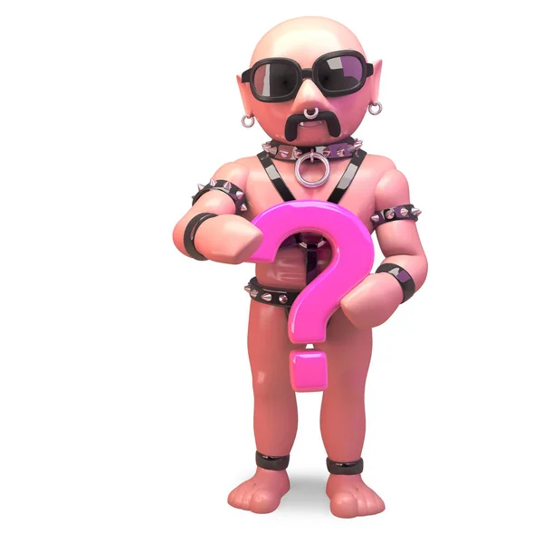 同性恋秃头男子在恋物癖的衣服拿着一个粉红色的问号，3D插图 — 图库照片
