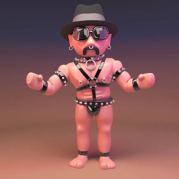 酷同性恋皮革男子在恋物癖服装穿着爵士三叶草帽子，3D插图 — 图库照片