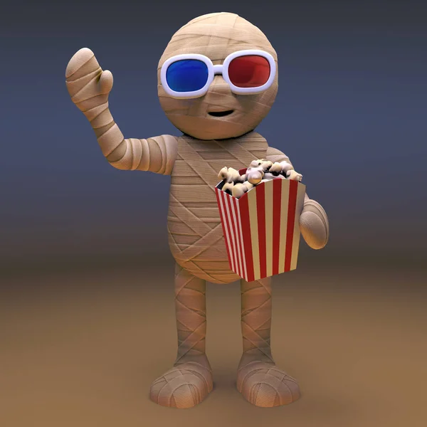 Nieumarły egipski mumia potwór jedzenia popcorn i noszenie okularów 3D, ilustracja 3D — Zdjęcie stockowe
