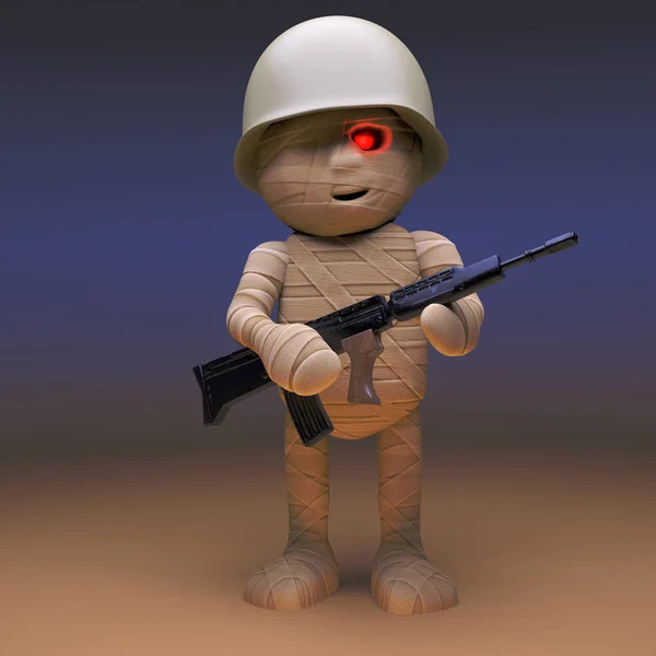 Momie égyptienne monstre portant un casque de soldats et portant un fusil, illustration 3D — Photo