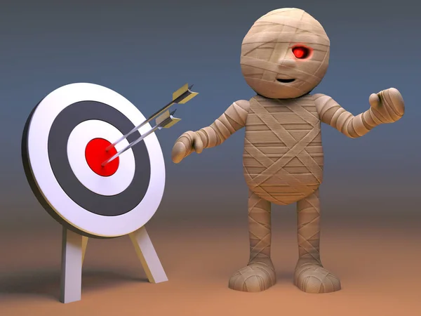Divertente mostro mummia egiziano colpisce il bullseye con le sue frecce, illustrazione 3d — Foto Stock