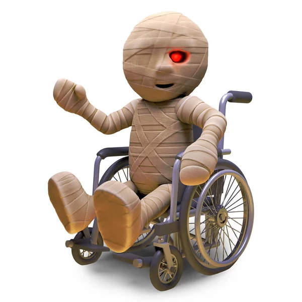 이집트 미라 괴물은 날씨가 나쁜 때 휠체어를 사용하는 것을 좋아한다, 3D 그림 — 스톡 사진
