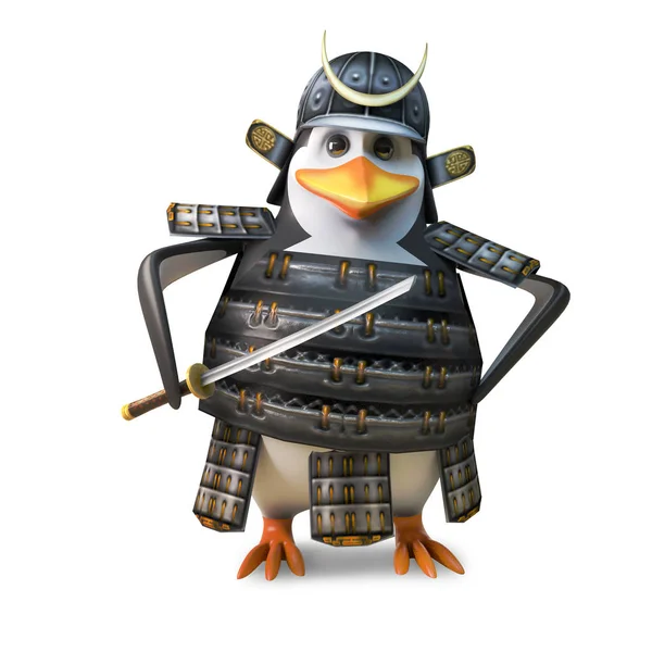 Potężny japoński Pingwin Samuraj Wojownik dzierży Miecz Katana, ilustracja 3D — Zdjęcie stockowe