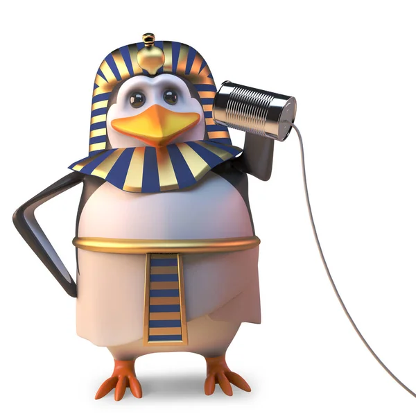 Cool egyiptomi pingvin fáraó segítségével egy nagyon alap konzervdoboz telefon kommunikálni, 3D illusztráció — Stock Fotó