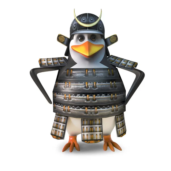 Rolig tecknad japanska Samurai Penguin Warrior har verklig attityd, 3D illustration — Stockfoto