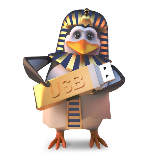 Technikai egyiptomi fáraó pingvin tart adatokat a saját USB pendrive, 3D illusztráció — Stock Fotó