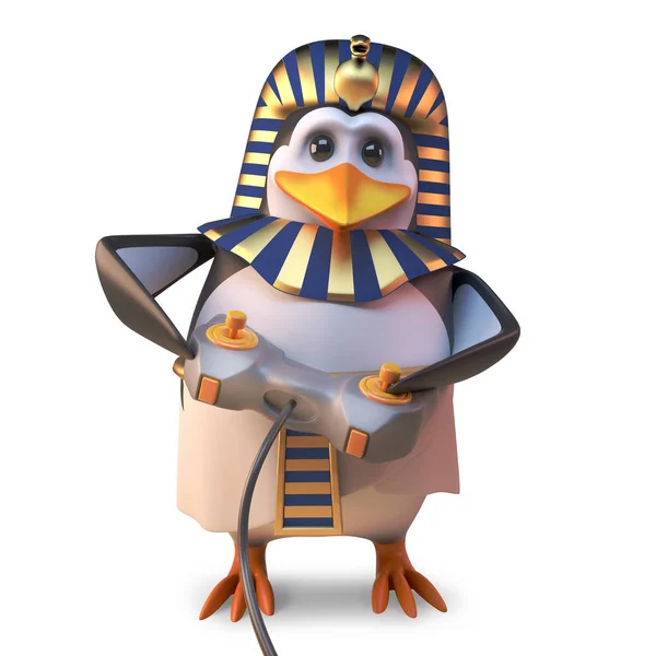 Videogioco fanatico faraone egiziano pinguino giocare con il suo controller joystick, illustrazione 3d — Foto Stock