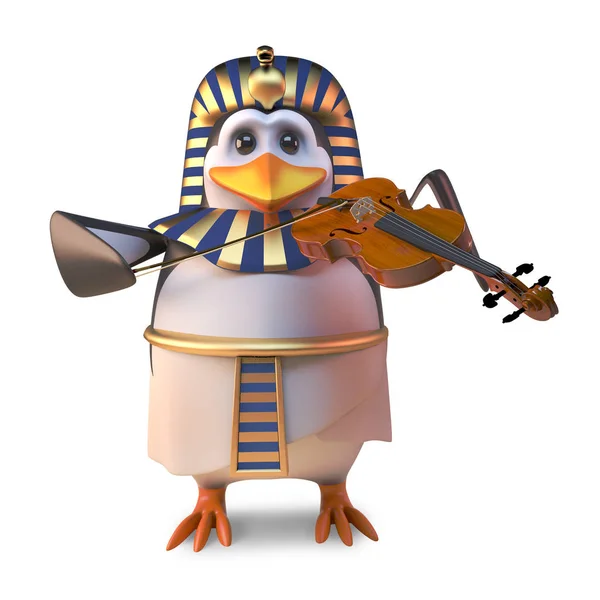 Zenei egyiptomi fáraó pingvin játszik a hegedű napokon, 3D illusztráció — Stock Fotó