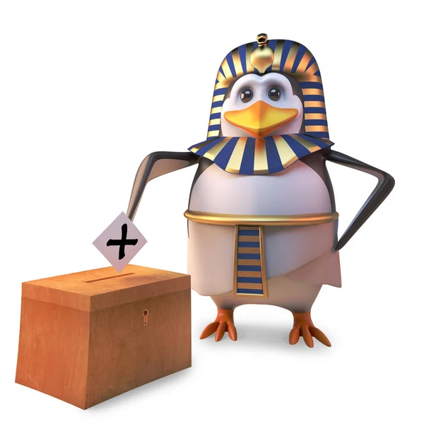 Demokratisk egyptisk pingvin Farao Tutankhamun röster i alla val, 3D illustration — Stockfoto