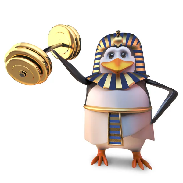 Forte faraó egípcio pinguim Tutankhamun levanta alguns pesos pesados com sua asa pequena, ilustração 3d — Fotografia de Stock