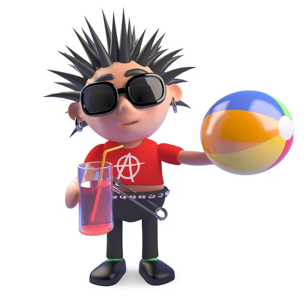 Lustiger Punkrocker ist mit Strandball und Drink im Urlaub, 3d Illustration — Stockfoto