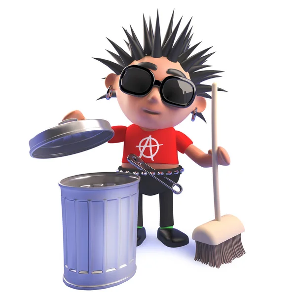Cartoon punk rocker in 3d cleaning with a broom and trash can — Stock Photo, Image
