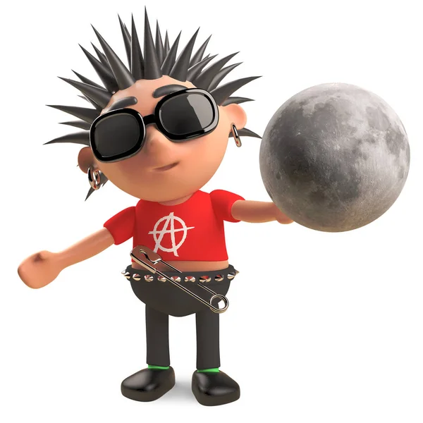 Cartoon punk rocker is intrigued by the Moon, 3d illustration — Stock Photo, Image