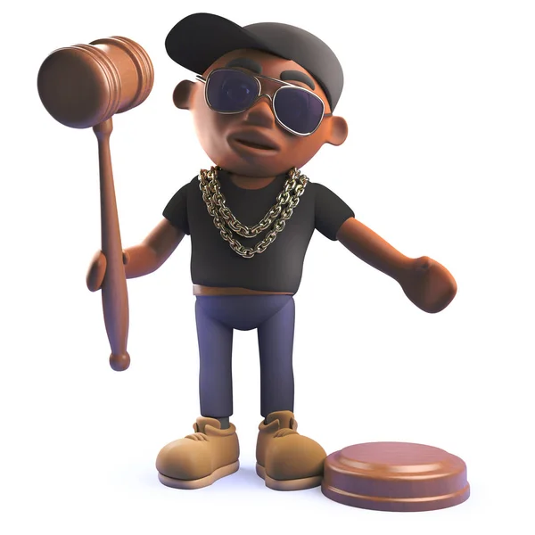 Black Rap Hip Hop zanger in 3D Holding een veiling Gavel — Stockfoto