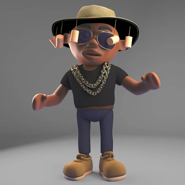 Cool svart hiphop rappare klädd i en australisk buske Tucker hatt, 3D illustration — Stockfoto