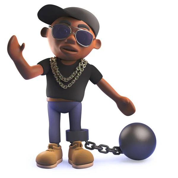 3d negro hip hop rapero personaje de dibujos animados con una bola y cadena — Foto de Stock