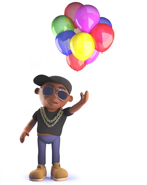 Cartoon black African American hip hop rapper in 3d with balloons