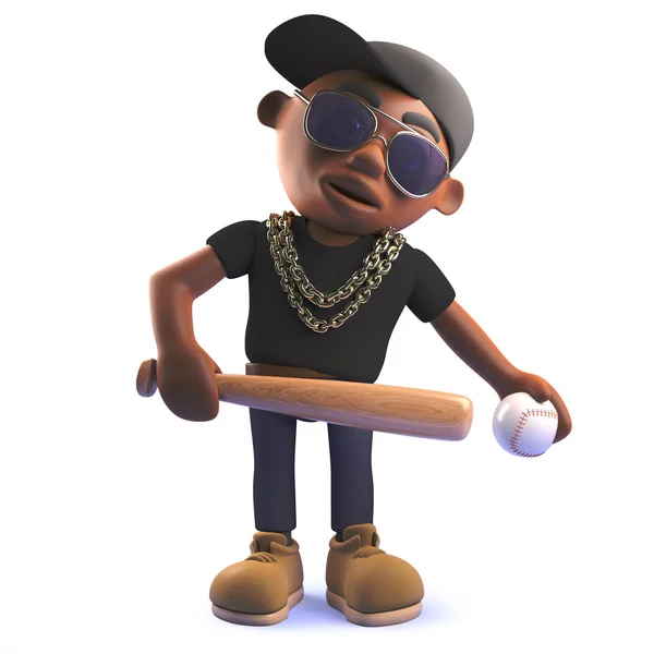 3d dibujos animados negro afroamericano hiphop rapero en 3d con bate de béisbol y pelota —  Fotos de Stock