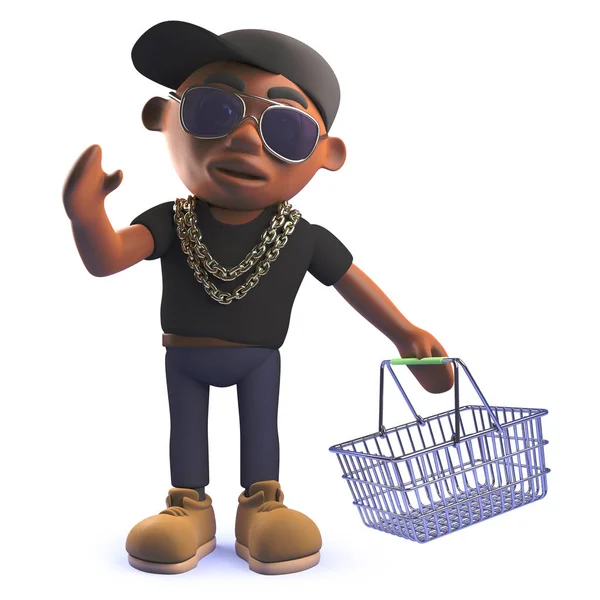 3D Cartoon African American hiphop raper w 3D trzyma koszyk — Zdjęcie stockowe