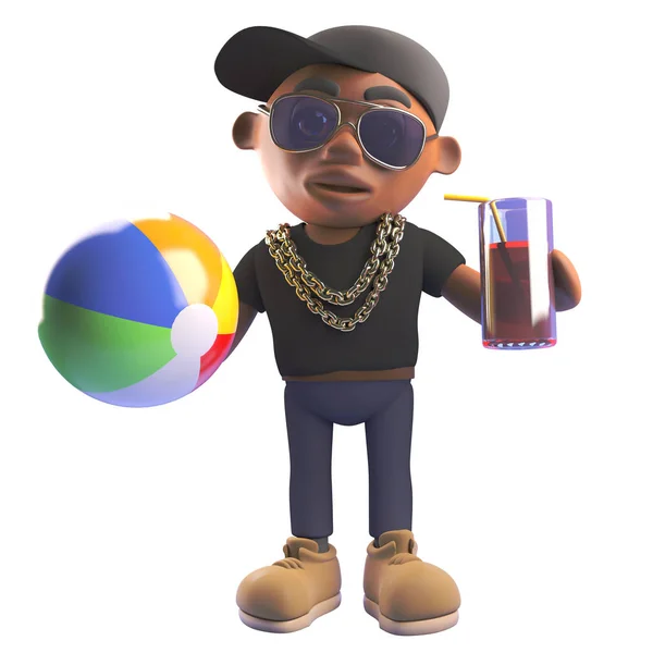 黑色嘻哈说唱歌手在棒球帽举行沙滩球和饮料，3D插图 — 图库照片