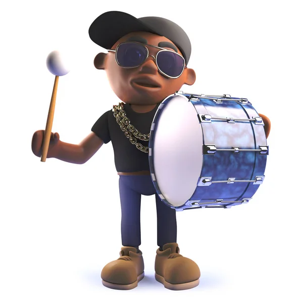 3d cartoon preto afro-americano hip rapper personagem batendo um baixo tambor — Fotografia de Stock