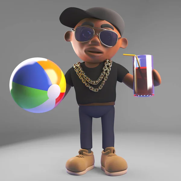 卡通黑色嘻哈说唱歌手与沙滩球和饮料，3D插图 — 图库照片