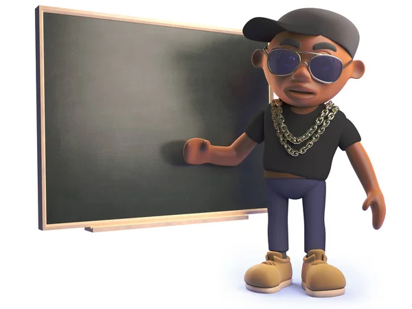 Cool rap negro hiphop artista enseñanza en la pizarra, 3d ilustración — Foto de Stock