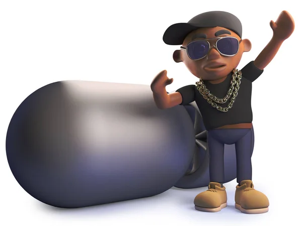 Dessin animé rappeur hiphop noir debout à côté d'une énorme bombe nucléaire, illustration 3D — Photo