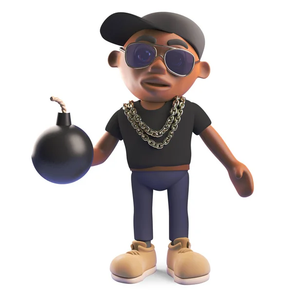 Dibujos animados negro hiphop rapero celebración de una bomba, 3d ilustración — Foto de Stock