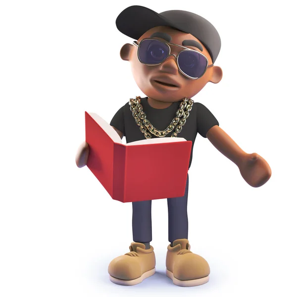 Cooler schwarzer HipHop-Rapper liest ein Buch, 3D-Illustration — Stockfoto