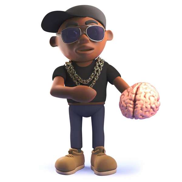 Black African American cartoon hiphop rapper holding a human brain, 3d illustration