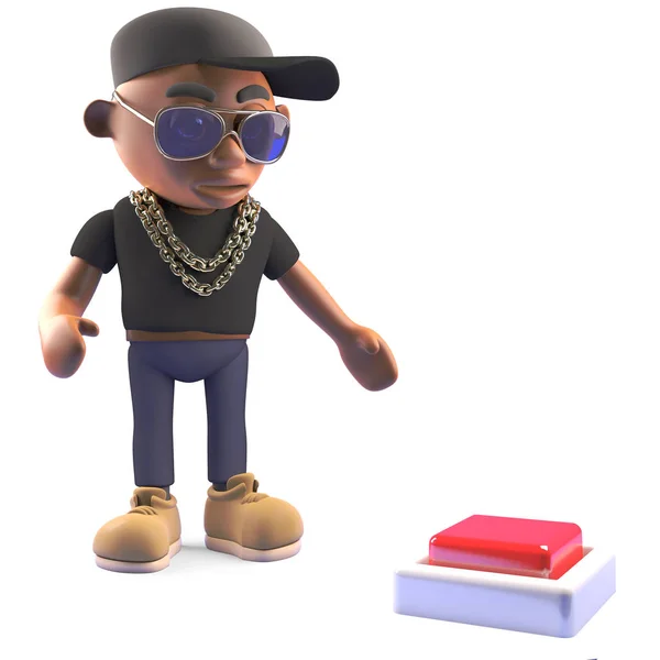 Intrigued black hiphop rap artist about to press a switch, 3d illustration — Stock Photo, Image