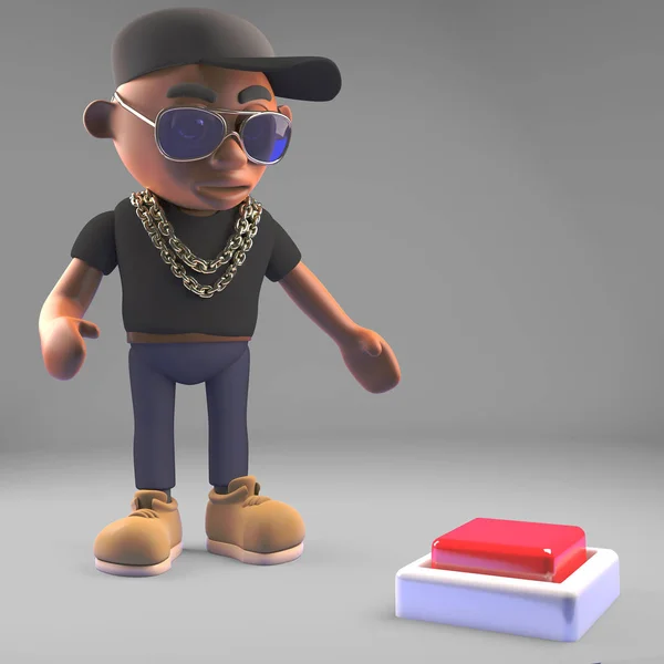 Ostrożna czarna hiphop raper patrzy na przycisk na podłodze, ilustracja 3D — Zdjęcie stockowe