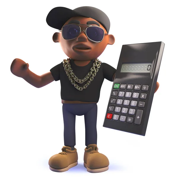 3d dibujos animados negro afroamericano hipop rap artista celebración de una calculadora digital — Foto de Stock