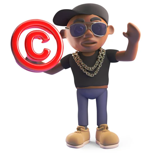Cool negro hiphop rap artista sosteniendo un símbolo de derechos de autor, 3d ilustración — Foto de Stock