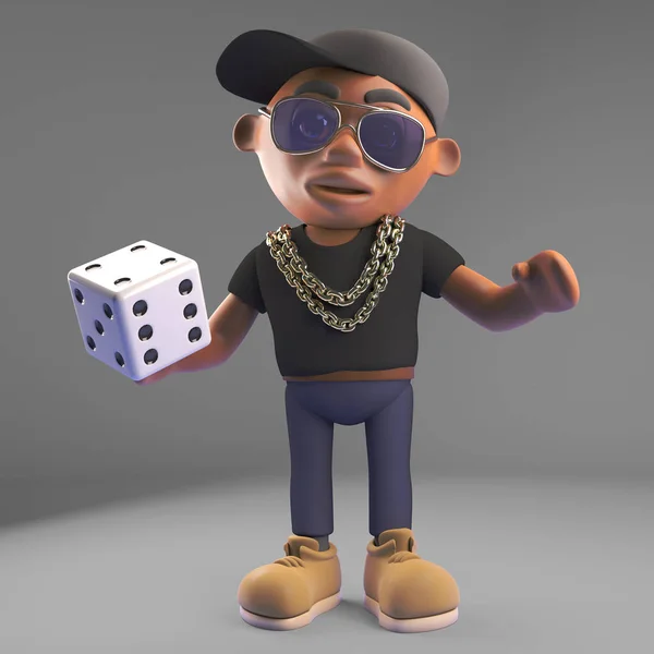 Cool black hiphop rapper berjudi dengan dadu, 3d ilustrasi — Stok Foto