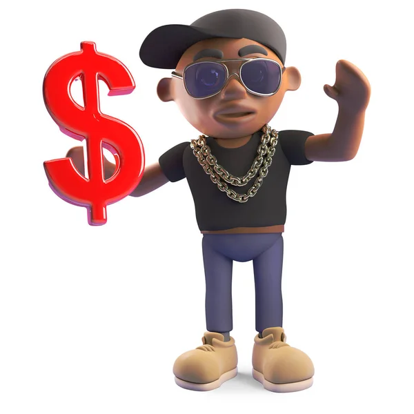 Rich rapper hiphop preto segurando símbolo moeda dólar dos EUA, ilustração 3d — Fotografia de Stock
