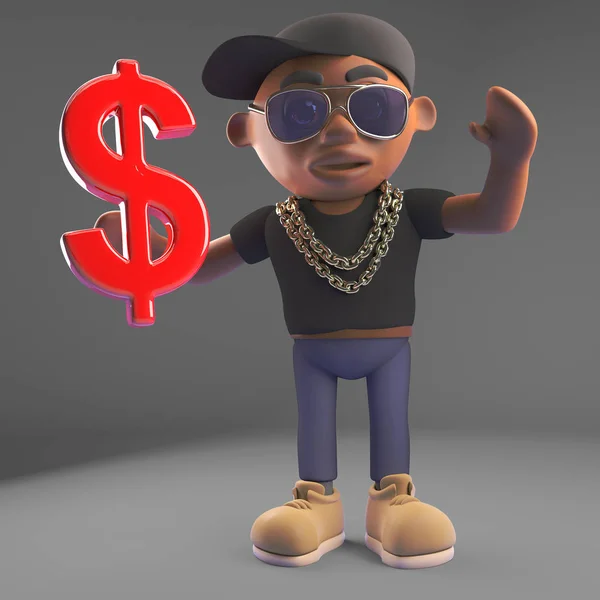 Schwarzer HipHop-Rapper mit Baseballmütze hält uns Dollar-Symbol, 3D-Illustration — Stockfoto