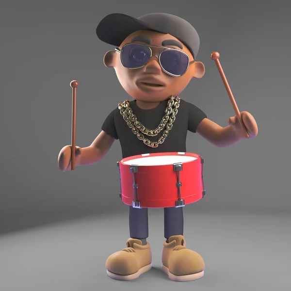 Zwarte hiphop rapper in Baseballpet spelen de drums, 3D illustratie — Stockfoto