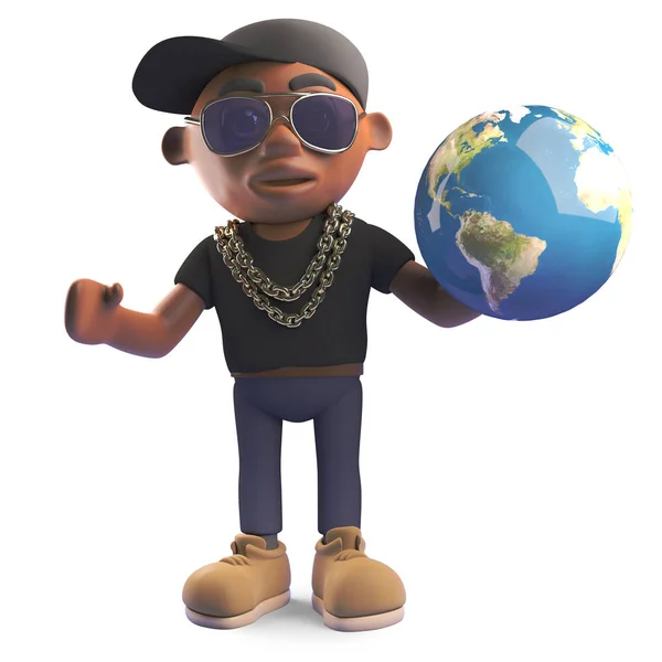 Geograficznie myślący czarny raper hiphop z kuli ziemskiej, ilustracja 3D — Zdjęcie stockowe