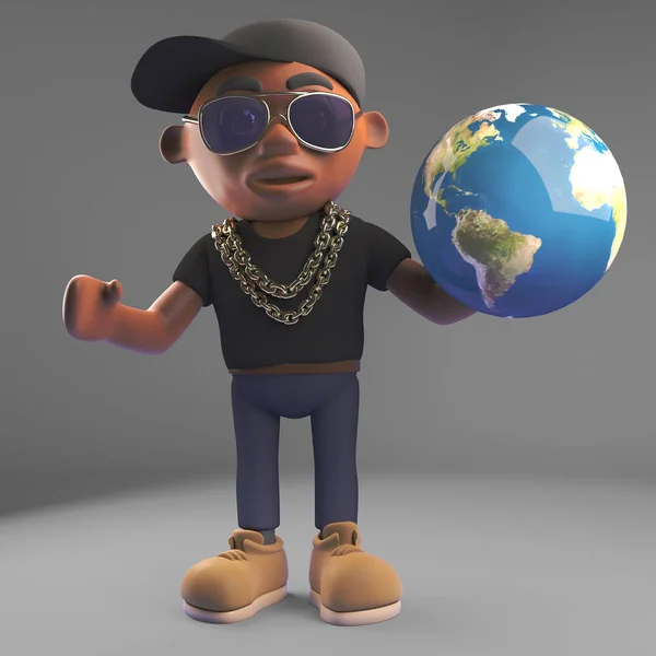 Global Black hiphop rapper houden een wereldbol van de aarde, 3D illustratie — Stockfoto