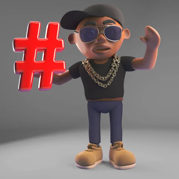 Preto rapper hiphop em boné de beisebol segurando símbolo hashtag, ilustração 3d — Fotografia de Stock