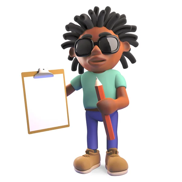 Jonge zwarte man met dreadlocks houden een Klembord en potlood, 3D-illustratie — Stockfoto