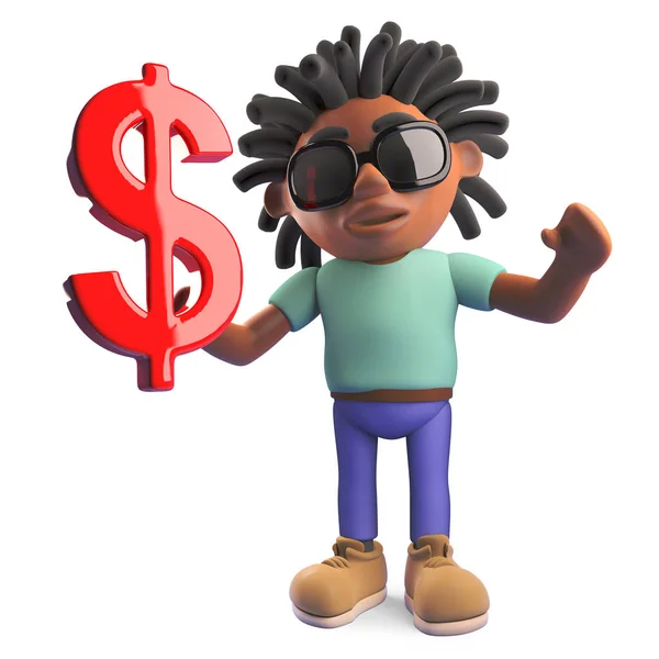 Hombre negro con rastas que sostienen el símbolo de moneda del dólar estadounidense, ilustración 3d — Foto de Stock