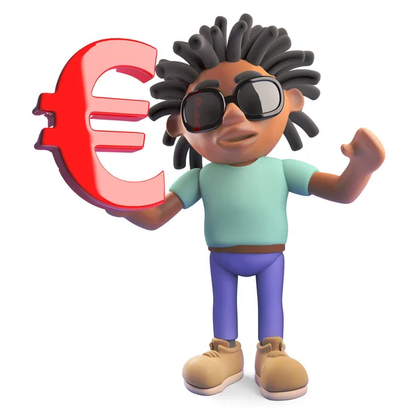 Νέος μαύρος Rasta άνθρωπος που κατέχει ένα σύμβολο νομίσματος ευρώ, 3D εικονογράφηση — Φωτογραφία Αρχείου